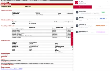 The ticket with the FortiPlus panel expanded, showing AI skills inline.