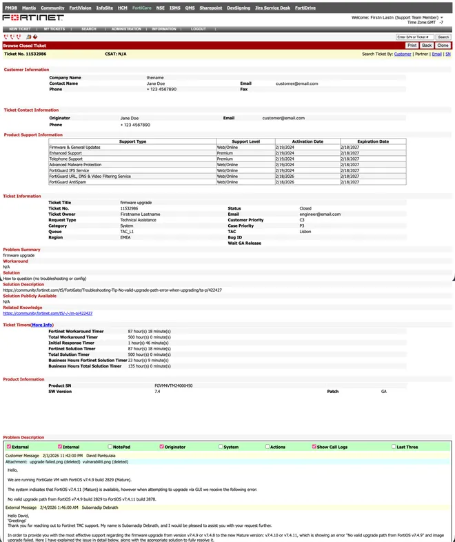The FortiCare ticket console — a long, dense, outdated page of ticket fields.