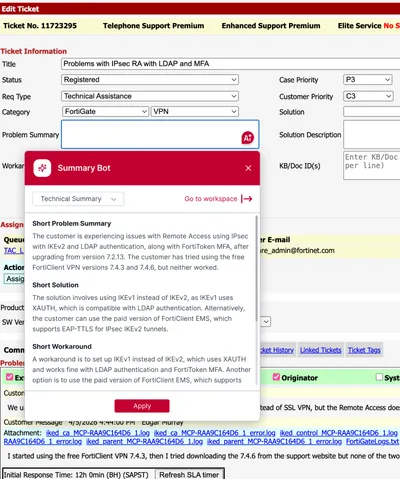 Autofill in action — an AI-generated summary populated straight into the ticket fields.