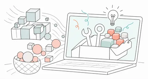 A laptop spills a toolbox of scattered support tools, illustrating fragmented workflows brought into one workspace.