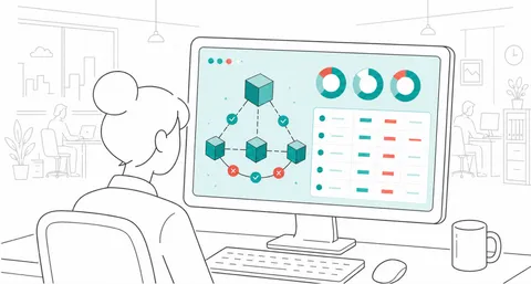 A designer at a desk views a network-access control dashboard with node diagram and device list.