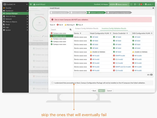Validation failed — campuses with errors are flagged for review.