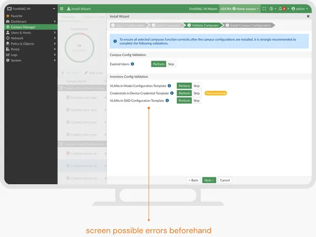 Validate campuses — pre-installation checks run across the selected campuses.