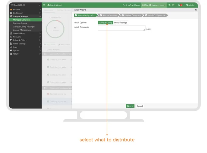 Install Wizard — select what to distribute: choose Campus Config or Policy Package.
