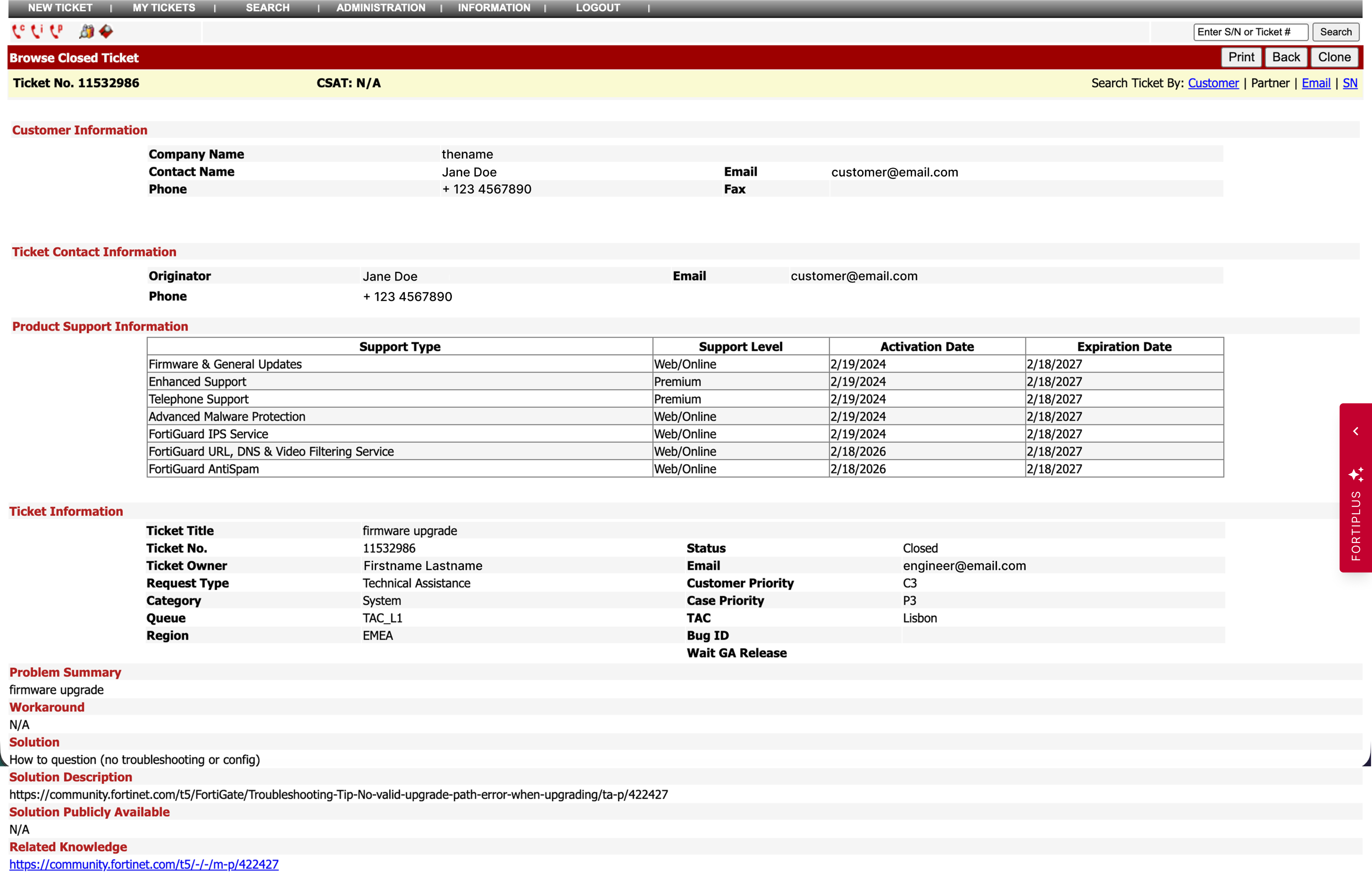 The ticket page with the FortiPlus panel fully collapsed — nothing but the ticket.
