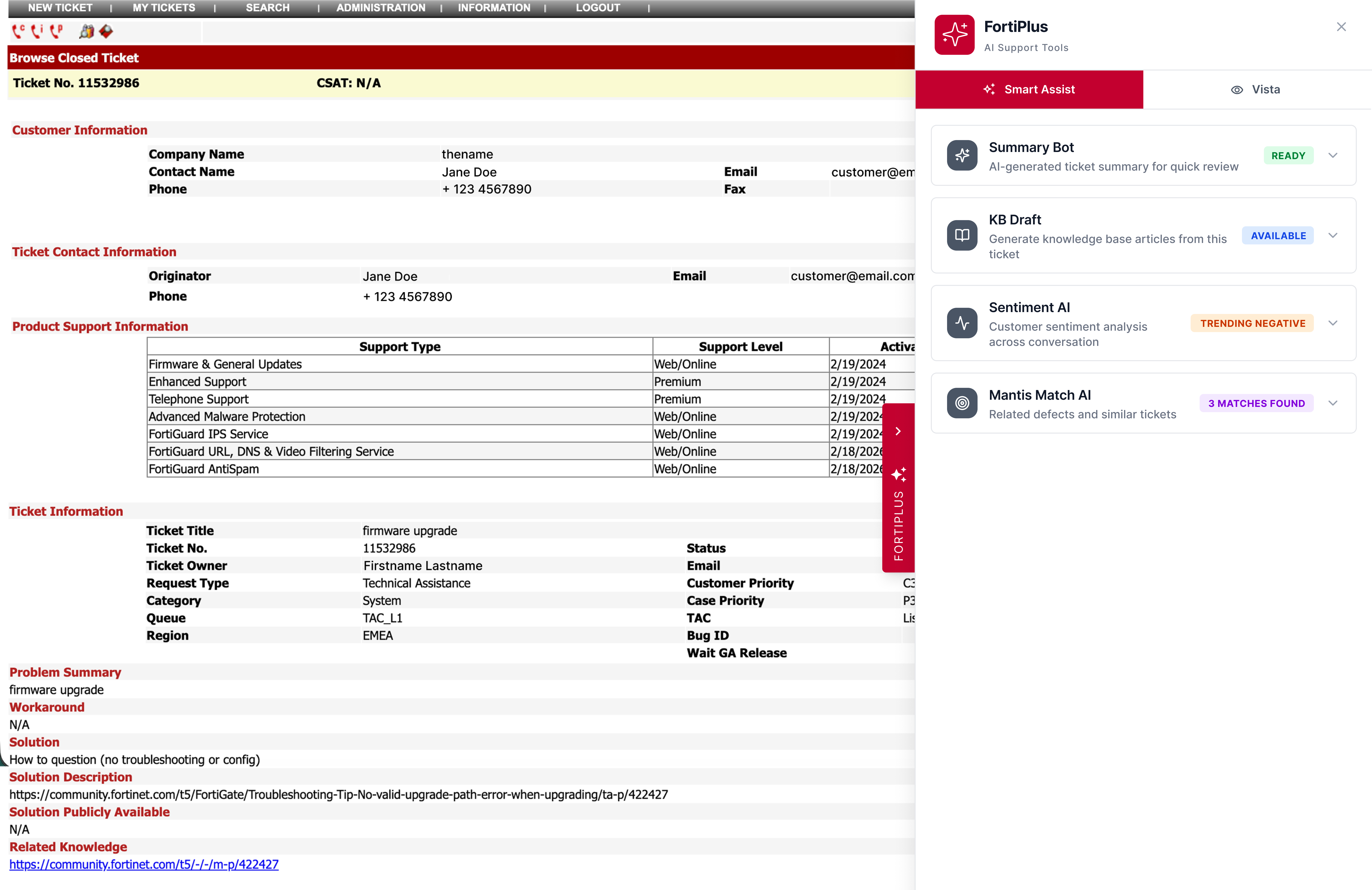 The ticket with the FortiPlus panel expanded, showing AI skills inline.