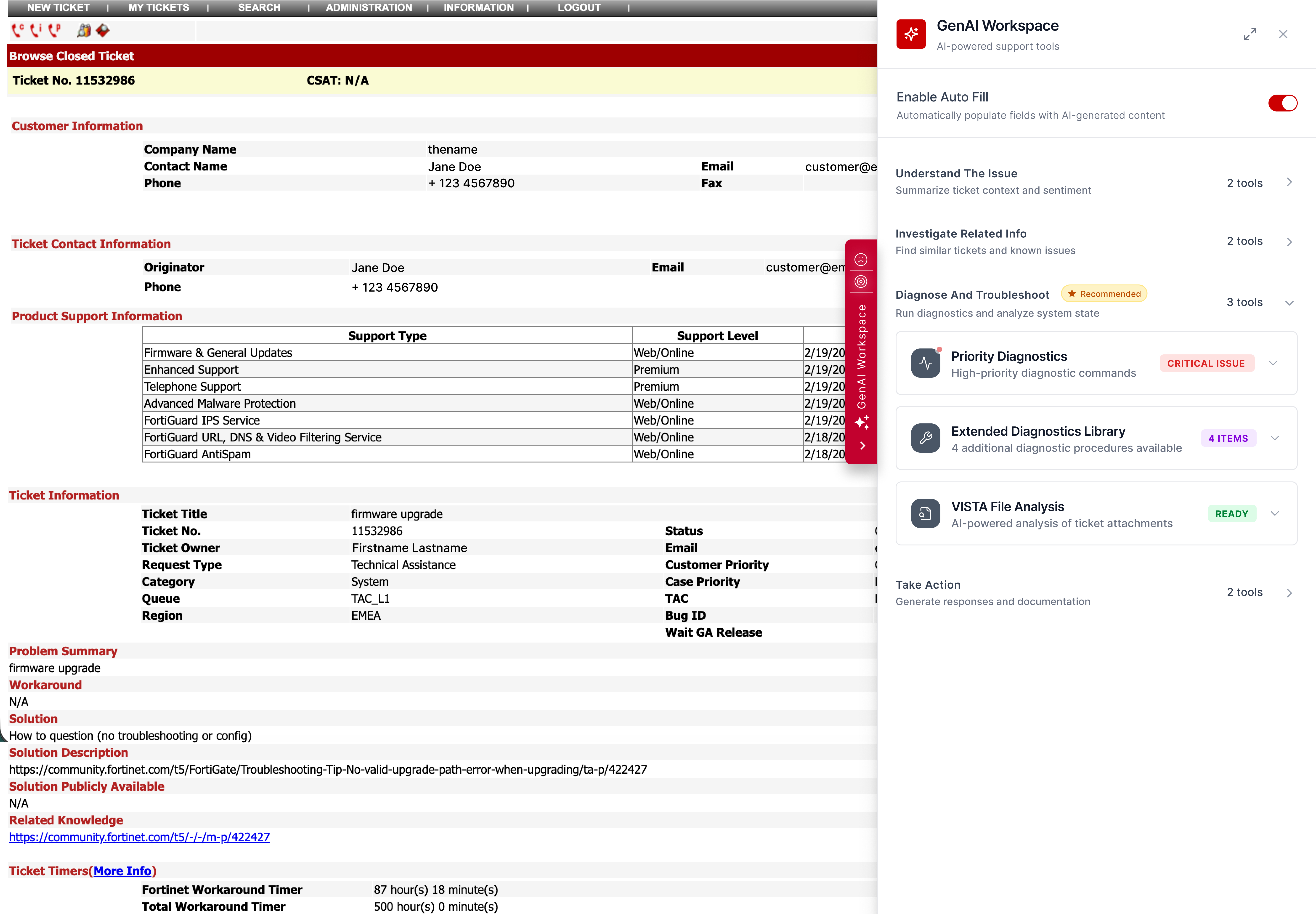 The finalized FortiPlus panel guiding the engineer through the resolution workflow.
