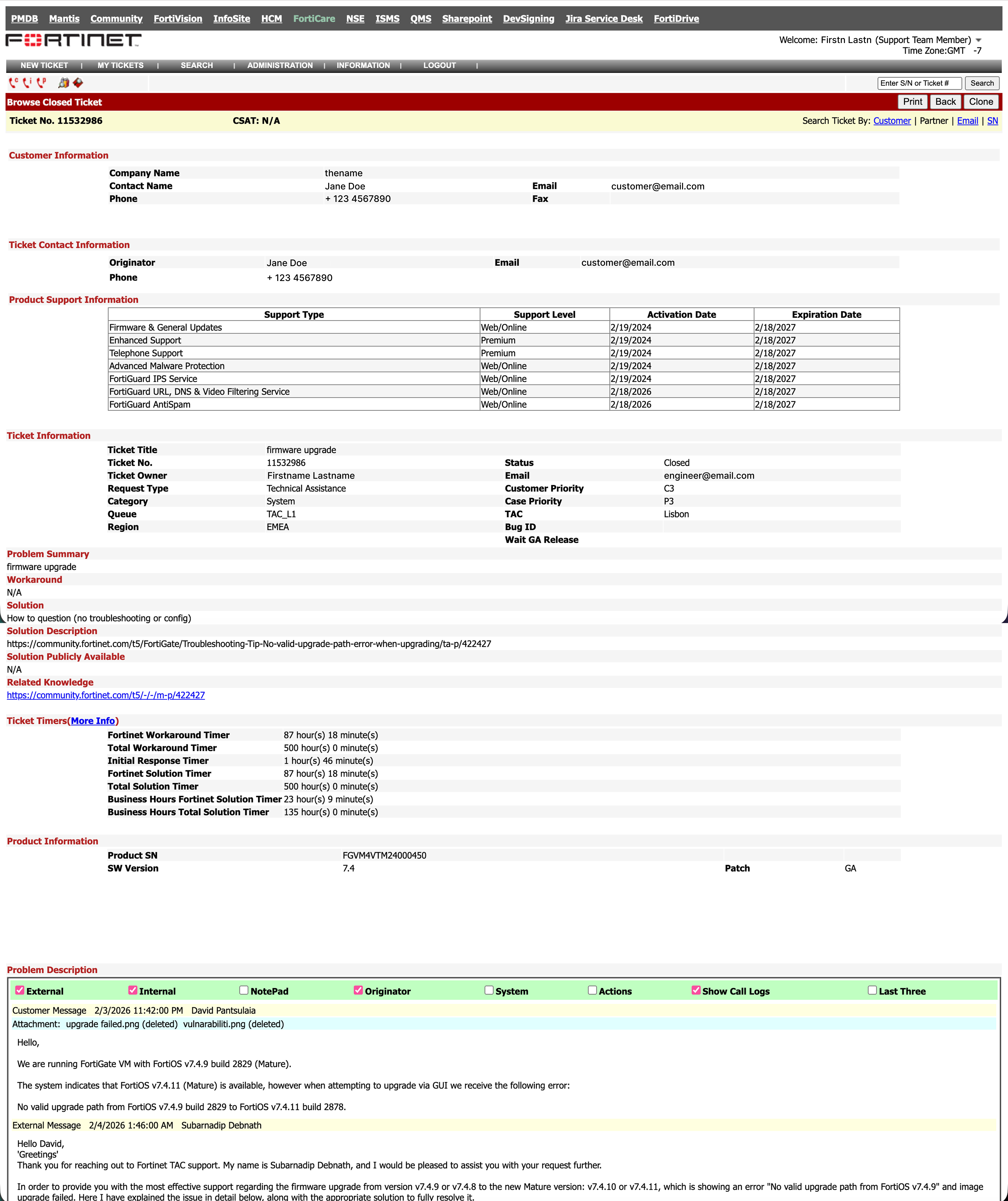 The FortiCare ticket console — a long, dense, outdated page of ticket fields.