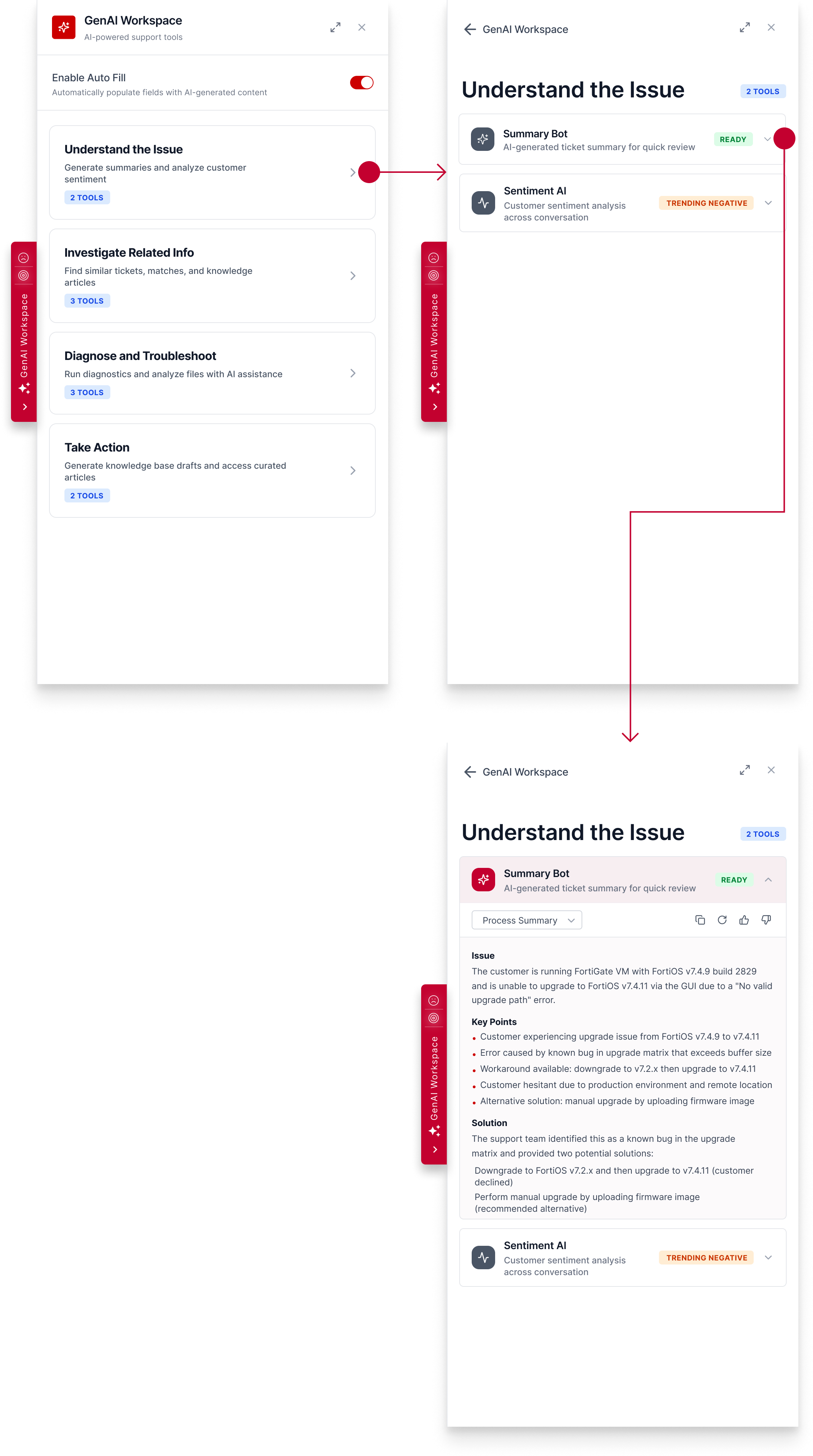 Idea A — tapping a skill opens it in a full new view, away from the ticket list.