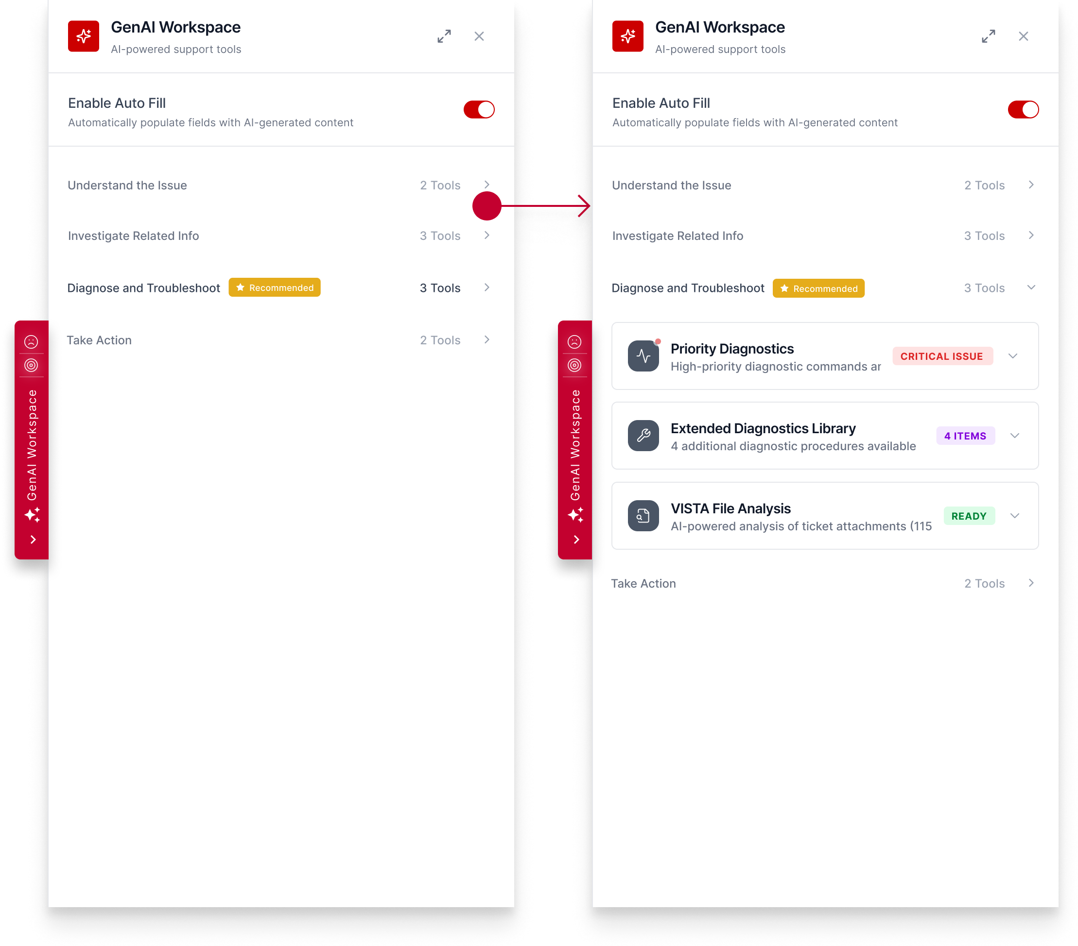 Idea B — skills expand inline as accordion sections, keeping the ticket in view.