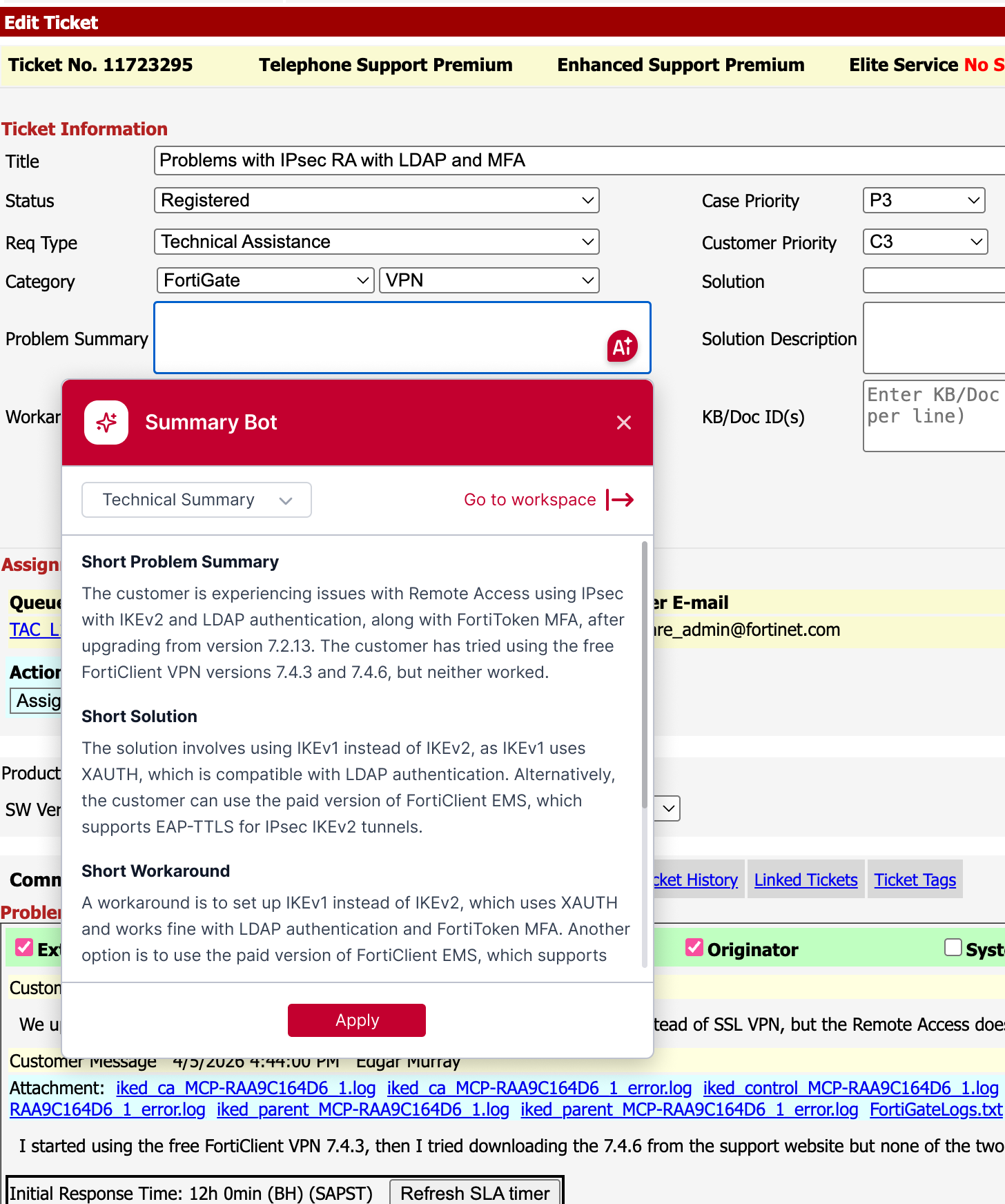 Autofill in action — an AI-generated summary populated straight into the ticket fields.