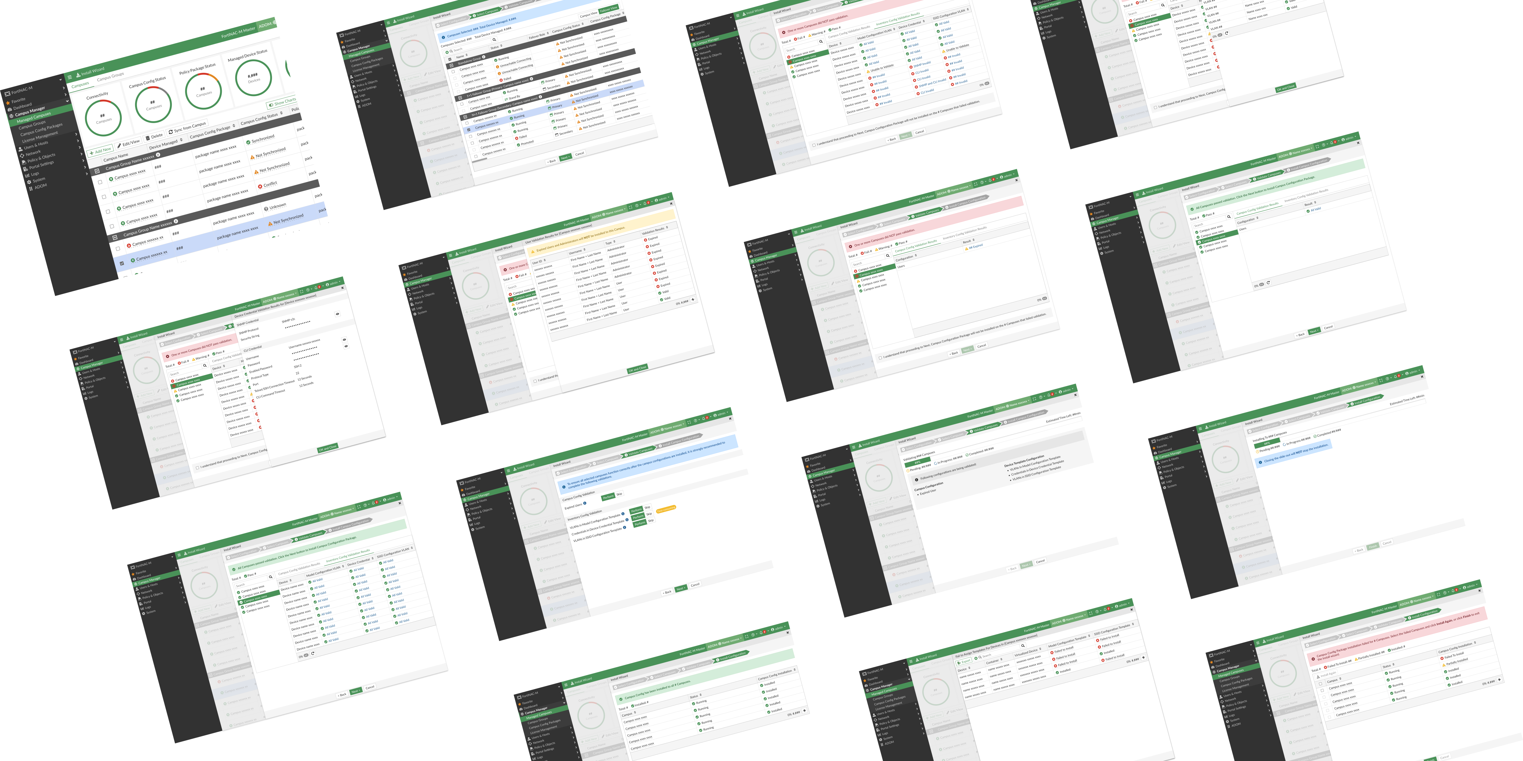 The NAC installation wizard across screens — configuring, distributing and validating network-access policies.