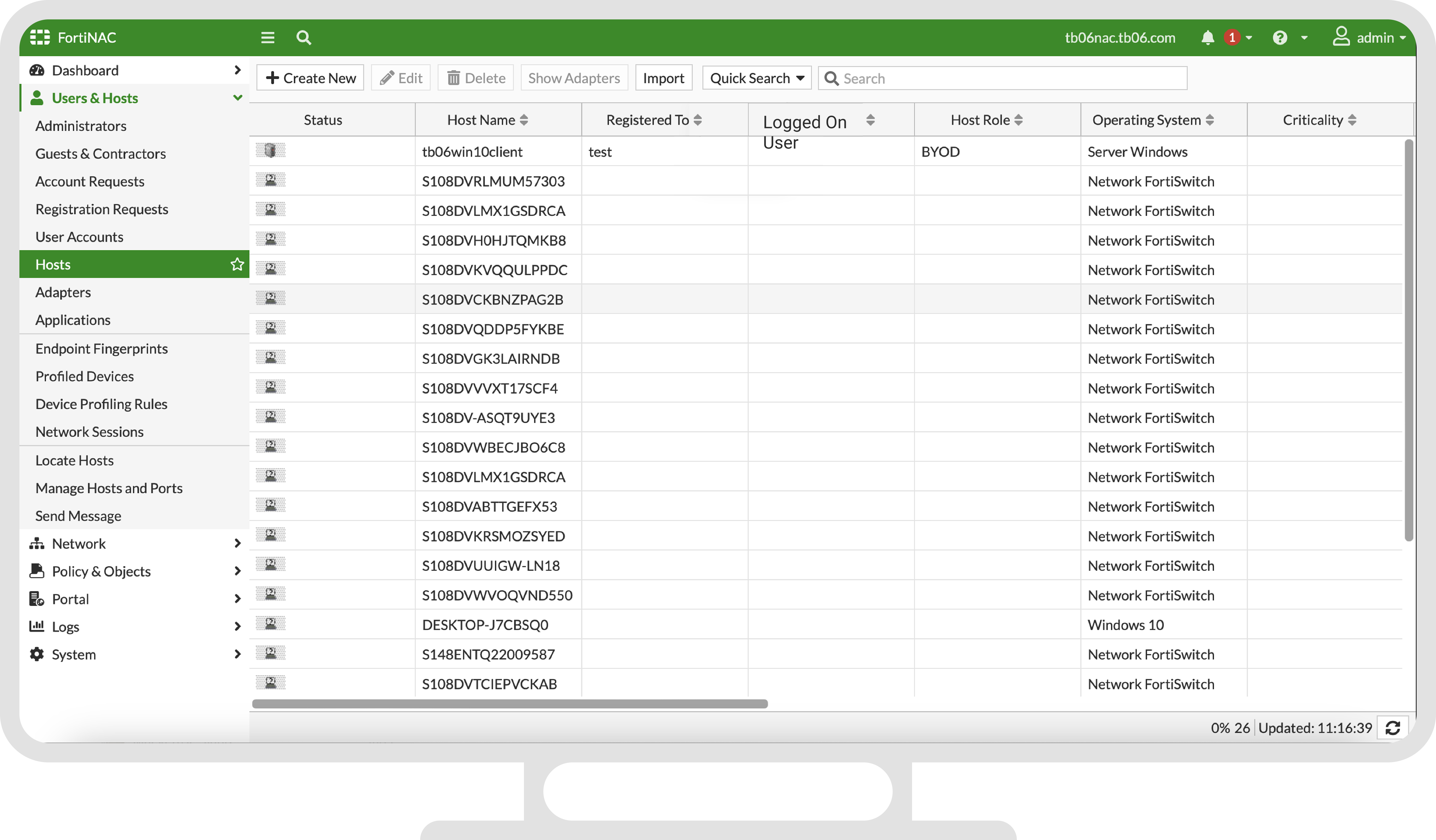 The NAC hosts page — a list of endpoints and their access status.