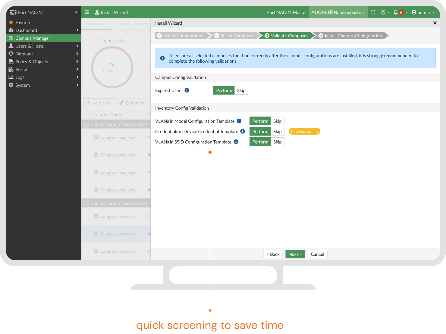 Validate campuses — pre-installation checks across selected campuses.