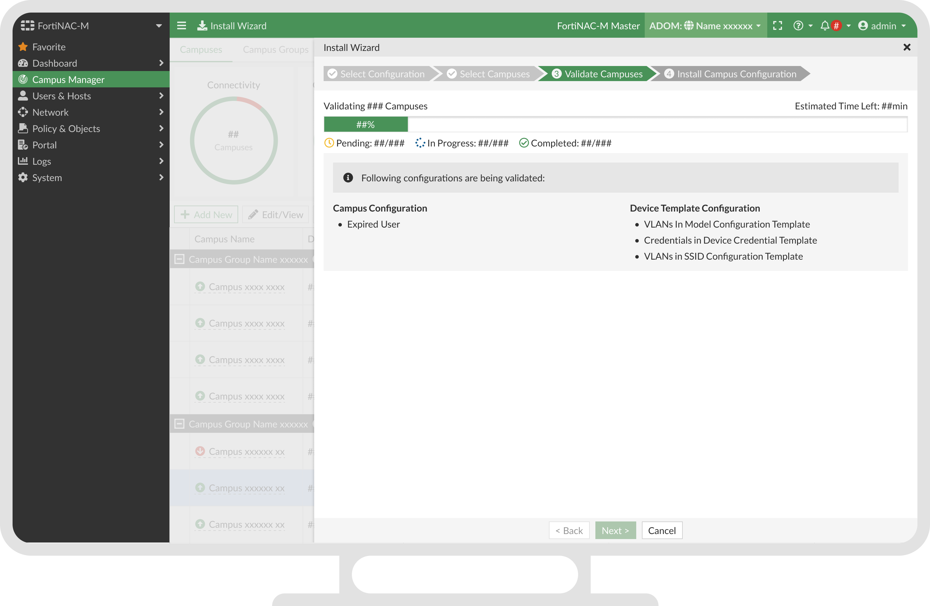 Validation in progress, with per-campus status.