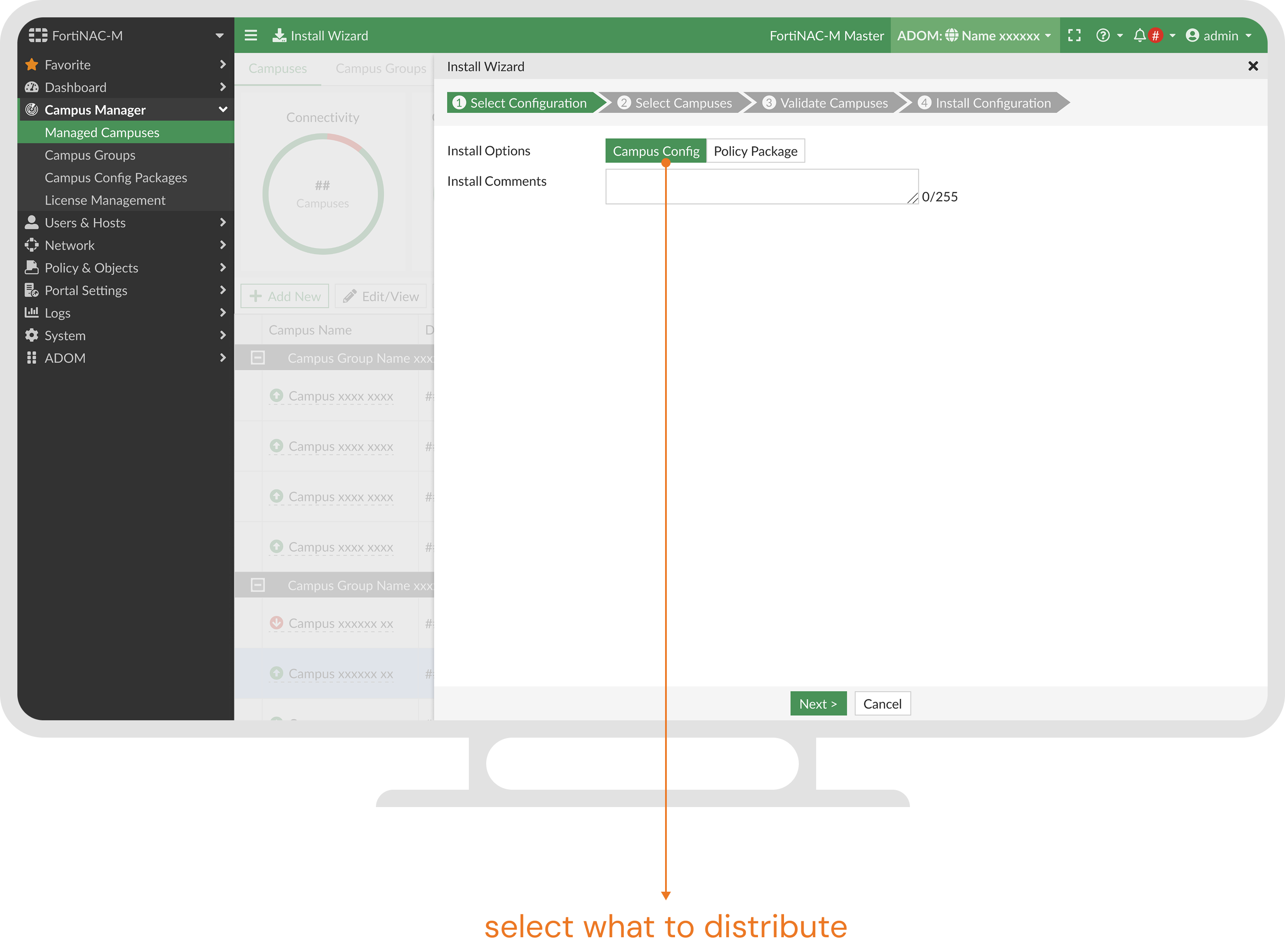 Install Wizard — select what to distribute: Campus Config or Policy Package.